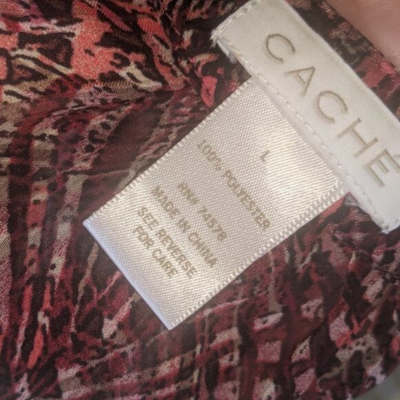 -Semi Sheer Long Sleeve Red Pink Printed Tunic Blouse Size Large - Picture 5 of 5